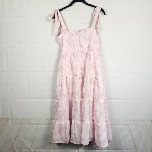 Francesca's Preppy Ellena Tie Strap Ruffle Tiered Midi Milkmaid Dress in Pink M - Picture 4 of 16